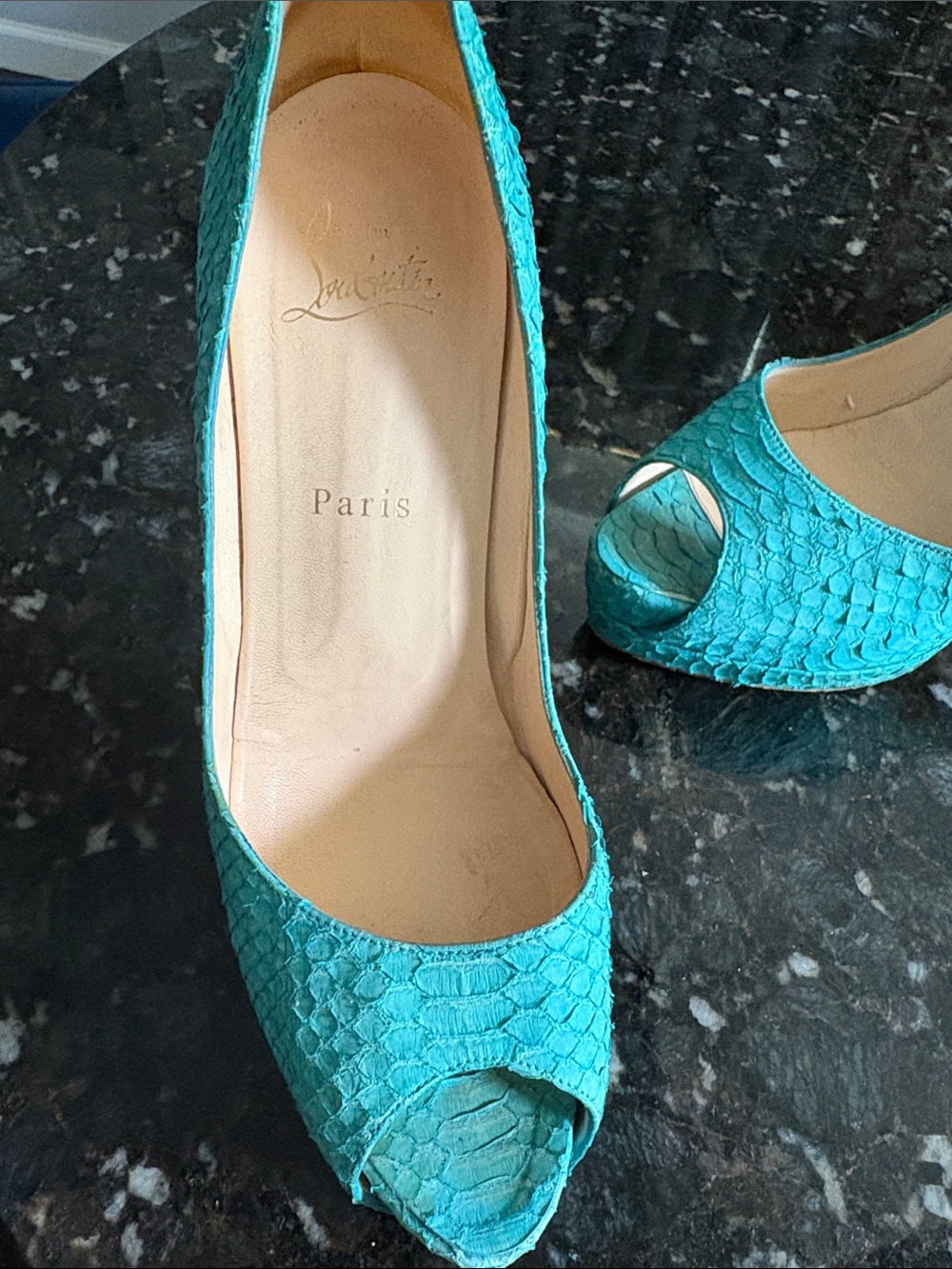 Christian Louboutin Teal Peep-Toe Python-Textured Pumps